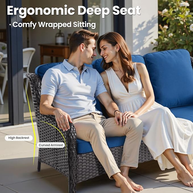 ovios 8-Piece Patio Furniture Set with Swivel Chairs Side Table, Outdoor Wicker Sofa with 42" Fire Pit Table, High Back Couch Modern Conversation Sets, Brown/Navy Blue