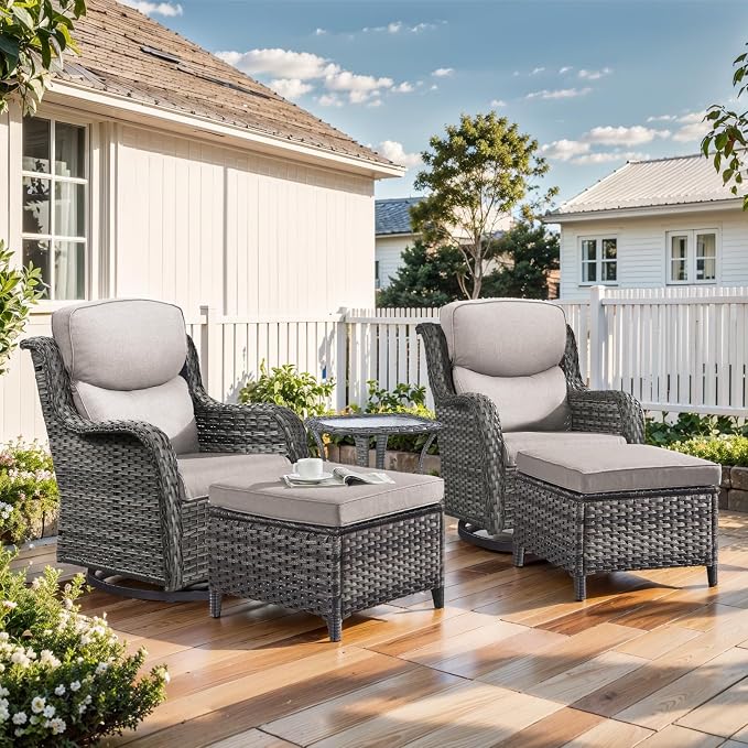 Outdoor Swivel Rocker Patio Chairs with 2 Ottomans - 5" Thick Cushion 5 Piece Furniture Set All Weather Wicker Conversation Set with Side Table for Porch Poolside and Deck - Gray/Beige