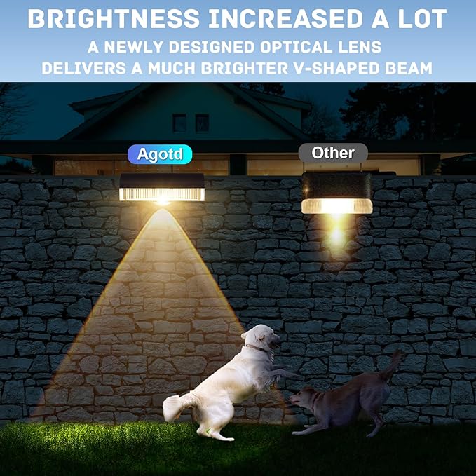 AGOTD Solar Fence Lights Outdoor, 8 Pack Fence Light Solar Powered Wall Lighting, Deck Lights Waterproof Led for Outside, Garden, Backyard, Patio, Pathway, Railing, Pool, Stairs, Step, Warm White