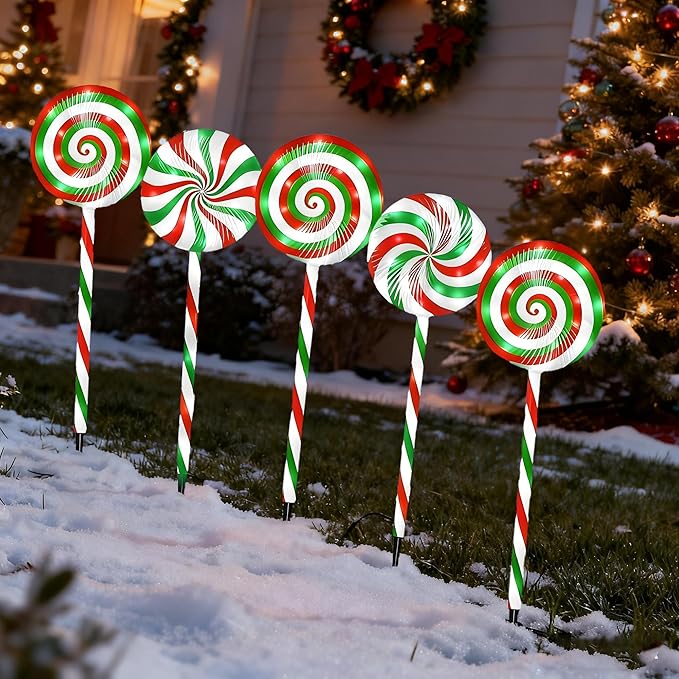 Christmas Lollipop Pathway Lights-5 Pack Solar Powered Outdoor Garden Path Lights Xmas Candy Cane Landscape Lighting Solar Waterproof Decorative Lights Decorations Outside Yard