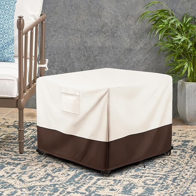 Patio Ottoman Cover Waterproof Patio Wicker Side Table Cover, 32W x 32D x 18H Inches Outdoor Lawn Patio Furniture Covers, Beige