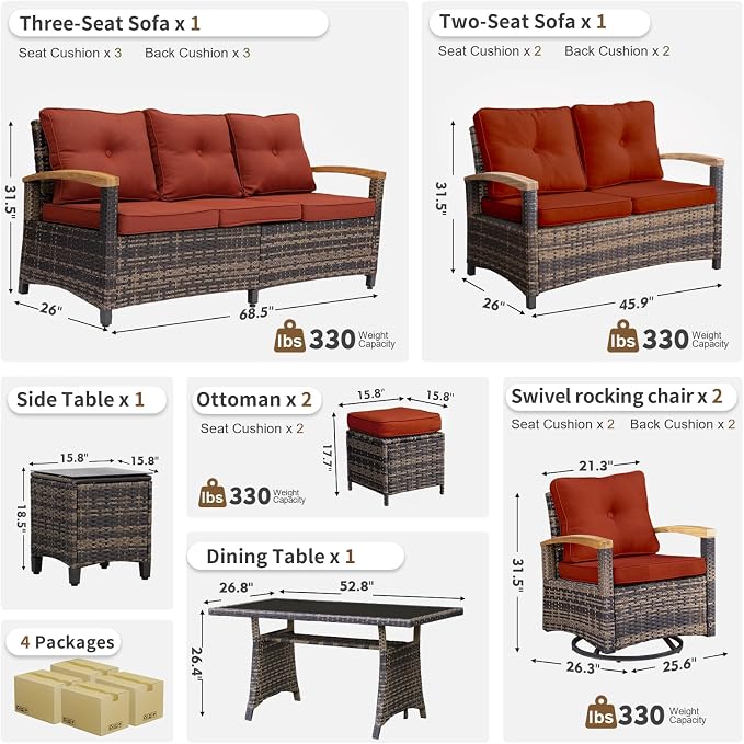 MEISSALIVVE 8 Pieces Patio Furniture Sets, PE Wicker Outdoor Conversation Sets with 2 Wood Armrests Swivel Rocker Chairs, 2 Ottomans, 2 Sofa and Dining Table (Red)