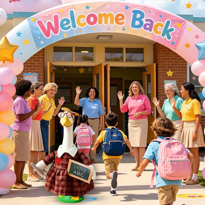 Back to School Porch Goose Outfit – Teacher Costume Set with Ruler Headpiece, Glasses, Plaid Skirt, Exam Papers & Chalkboard Prop for 23'' H Plastic/Cement Statues, Classroom Yard Garden Decor