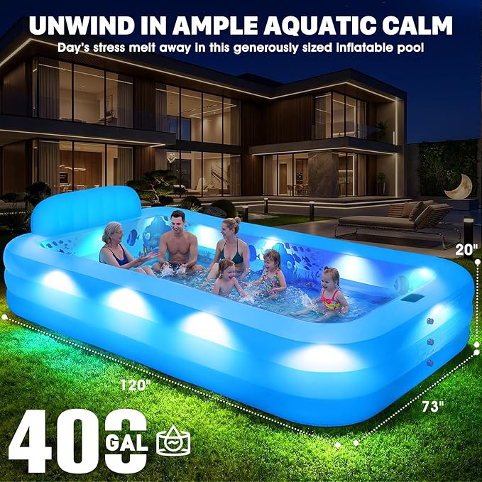 Extra Large Inflatable Pool with Lights,Upgraded Solar Powered Blow Up Pool for Adults,Inflatable Kids Swimming Pool with Seat& Backrest,Big Inflatable Kids Pool for Backyard,120x73x20IN