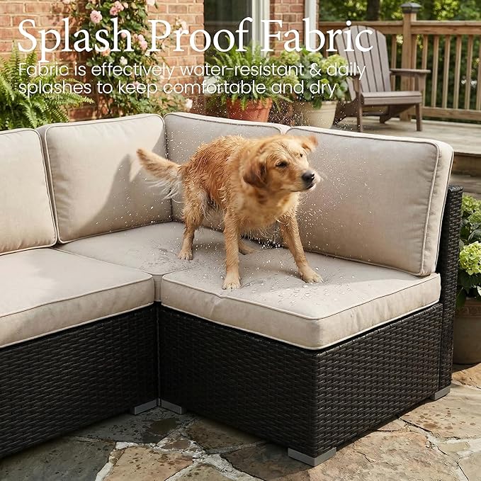 LayinSun 8 Piece Patio Furniture Set with 44" Propane Gas Fire Pit Table, Outdoor Sectional Conversation Set Wicker Rattan Sofa Set with Coffee Table
