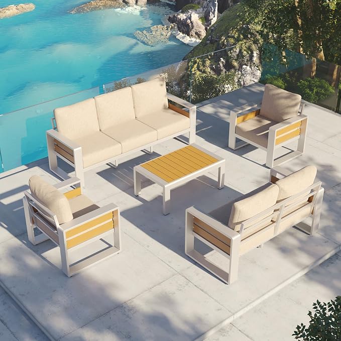 Aoxun Aluminum Patio Furniture Set, 7 Seats Luxury Metal Patio Conversation Sets with Coffee Table, Thick Cushions and Waterproof Cover, Sectional Outdoor Furniture Set for Backyard/Poolside, Beige