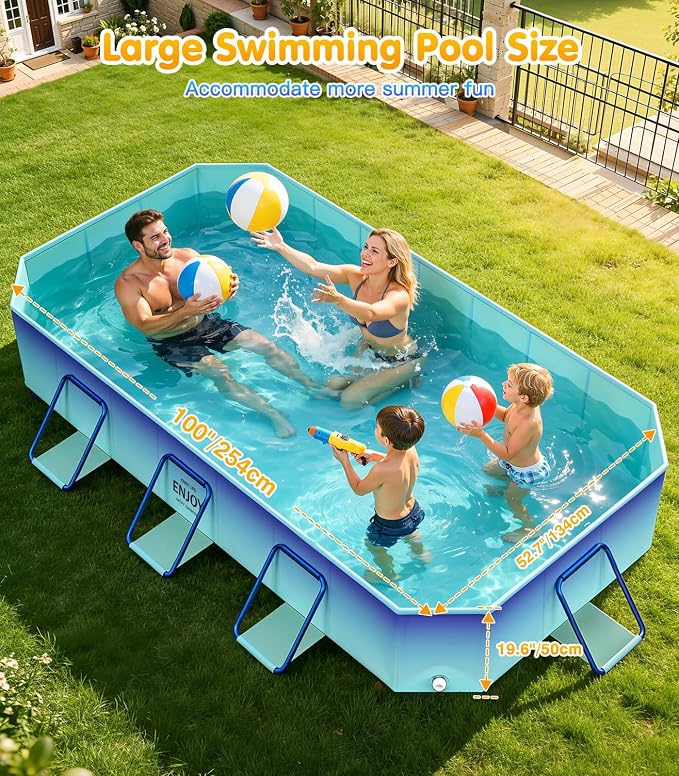 MoKo Foldable Pool for Adults & Kids, Framed Non-Inflatable Swimming Pools for Toddler, Collapsible Pool for Family Outdoor, Backyard, Garden, Camping,114" x 70" x 19", Glacial Blue