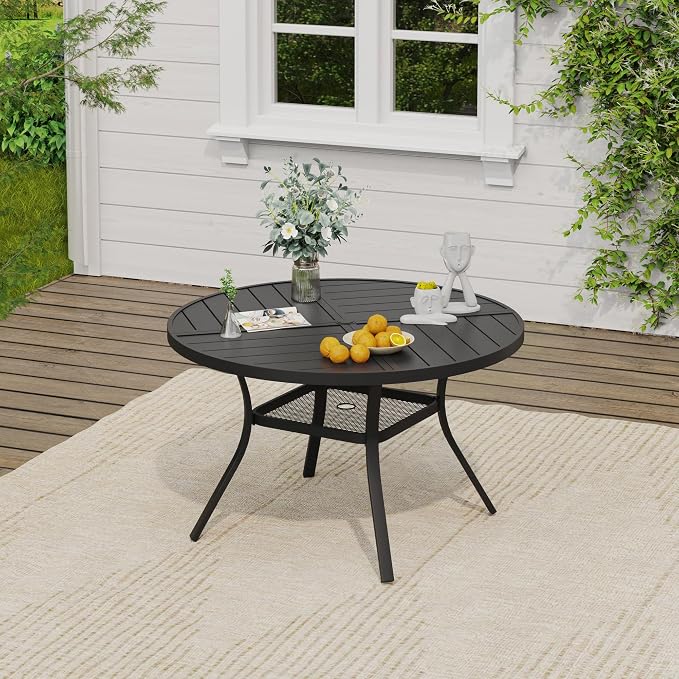 VICLLAX Patio Dining Set, 40.7" Black Table & 4 Chairs with Grey Cushion | Outdoor Table and Chairs Set of Round Metal Patio Table, Outdoor Dining Chairs with Metal Frame, Garden Deck Porch
