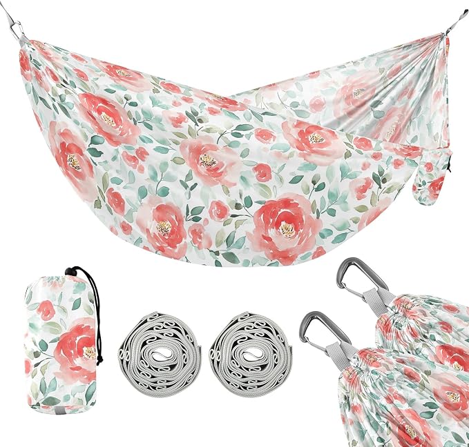 Camping Hammock Outdoor Hammocks for Outside Watercolor Floral Rose Beach Trees Portable Lightweight with Pockets Tree Straps Indoor Small