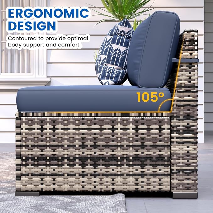 8 Pieces Outdoor Patio Furniture Set with 44" Fire Pit Table Yellow Rattan Sectional Conversation Sets w/Gas Fire Pit, Coffee Table, 1 Waterproof Covers, Navy Blue