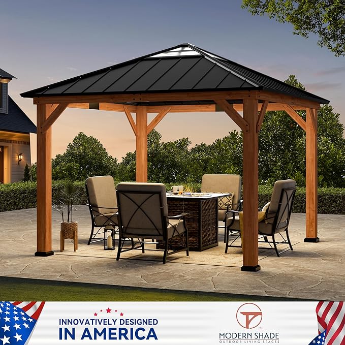 Modern Shade Tranquil Grove Wood Gazebo 11' x 11', Hardtop Gazebo Permanent with Galvanized Steel Roof, Cedar Outdoor Gazebo with Sturdy Hooks for Garden, Backyard, Patio and Deck