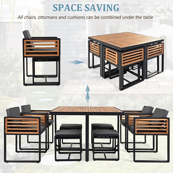 9-Pieces Outdoor Dining Set for 8, Acacia Wood Patio Furniture Set with Outdoor Square Table and 4 Cushioned Chairs & 4 Ottomans for Backyard, Garden, Deck and Poolside (Grey, 9 Piece)
