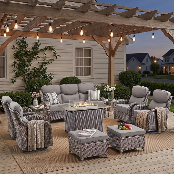 Luxury Patio Furniture Set with 42.5" Fire Pit Table, 10 Pieces High Back All Weather Wicker Outdoor Furniture w/ 6-Inch Thick Cushions, Patio Swivel Chairs Couch for Deck Balcony Backyard Brown/Grey