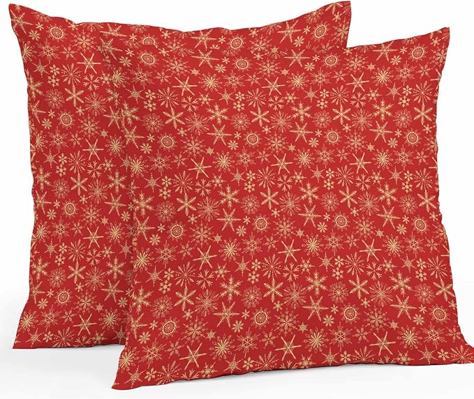 Red Christmas Outdoor Pillow Cover 24x24 Inch Cushion Sham Case, Farmhouse Gold Snowflakes Winter Xmas Waterproof Decorative Square Throw Pillowcase for Outside Garden Patio Porch Couch Chair Tent