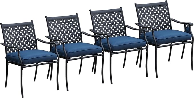 LOKATSE HOME Patio Dining Chairs Set of 4, Stackable Metal Wrought Iron Outdoor Chairs with Armrests & Thick Blue Cushions, All-Weather Heavy Duty Furniture for Garden, Backyard, Deck & Balcony