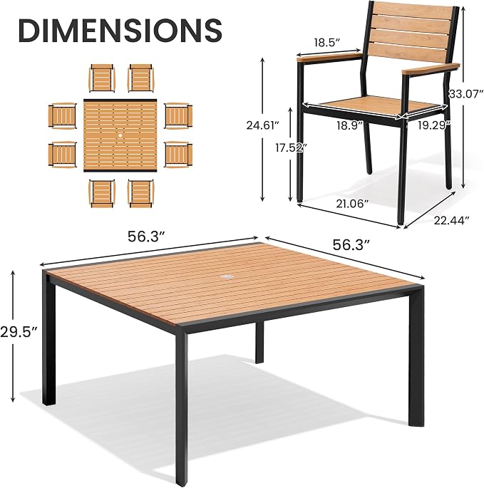 9-Piece Outdoor Dining Set, 56" Square Table and Stackable Arm Chairs | Aluminum Frame Umbrella Hole and All-Weather Wood Grain Patio Furniture for 8 for Garden, Patio, Backyard, Brown