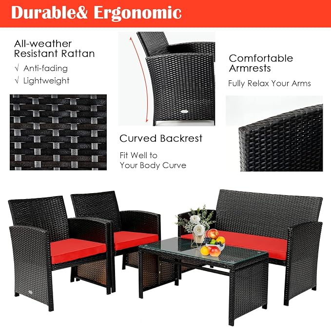 Tangkula 8 Pieces Rattan Furniture Set, Outdoor Conversation Set w/Chair & Loveseat & Tempered Glass Coffee Table, Suitable for Garden, Backyard, Poolside, Patio Furniture Set for 8 (2, Red)