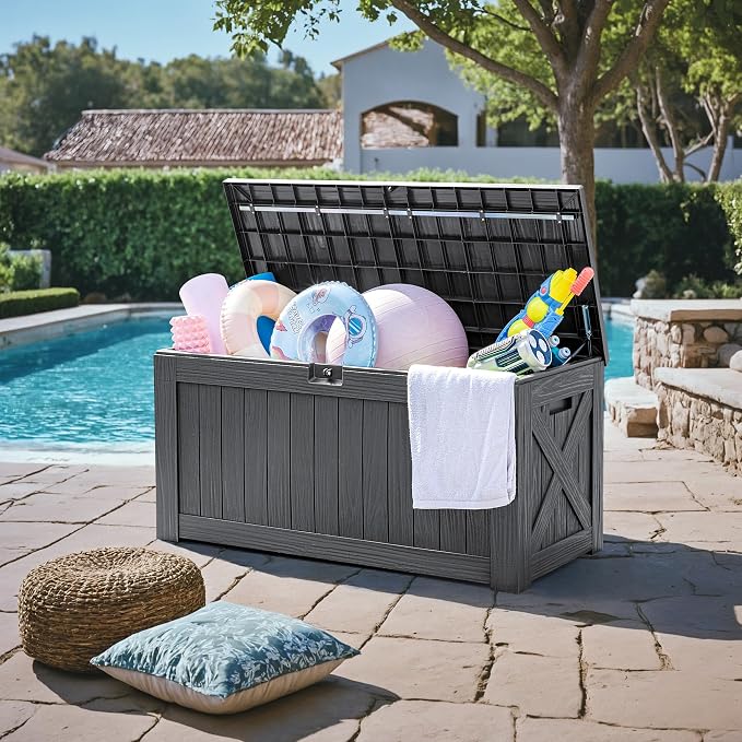 Greesum 120 Gallon Deck Box, Resin Outdoor Storage Container for Patio Furniture, Garden Tools, Pool Accessories, Weatherproof, Lockable, Gray