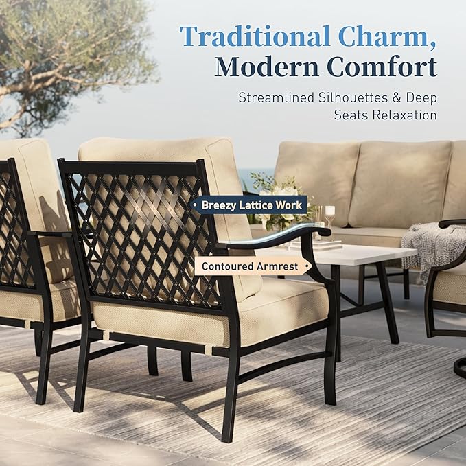 SUNSHINE VALLEY Patio Furniture Set, 4 Piece Modern Metal Outdoor Patio Furniture, 3 Seater Couch, 2 Fixed Chairs, Coffee Table and 5.75" Extra Thick Cushion, Patio Conversation Set for Backyard Deck