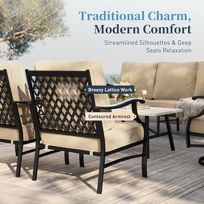 SUNSHINE VALLEY Patio Furniture Set, Modern Metal Outdoor Patio Furniture, 3 Seater Sofa, 2 Rocking Chairs, 2 Ottomans and 5.75" Extra Thick Cushion, Patio Conversation Set for Garden Backyard Deck
