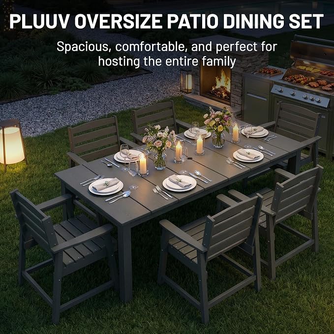 PLUUV 7-Piece Outdoor Patio Dining Set, All-Weather HDPE Dining Furniture Set with Umbrella Hole Cut-Out Table, Aluminum Table Legs, and 6 Chairs, Waterproof & Easy Clean for Backyard, Garden, Grey