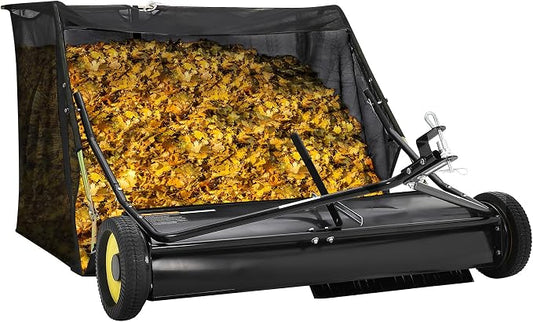 Garvee 50 Inch Lawn Sweeper Tow Behind, 26 cu.ft. Large Pull Behind Grass Sweeper, Heavy Duty Leaf & Grass Collector with Dumping Rope Design, Adjustable Sweeping Height for Picking Up Debris & Grass