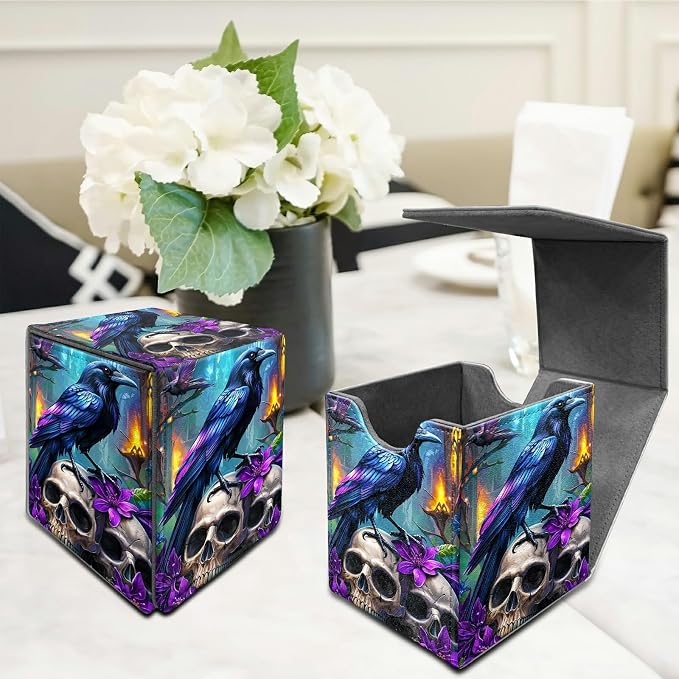 Deck Box for MTG, Cards Storage Box Fits 120+ Sleeved, Leather Medium Size Strong Magnetic Closing Card Case for Board Games Magic TCG CCG Baseball Collection, Purple Flower Eagle