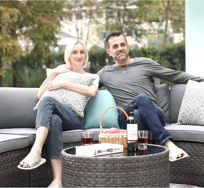 SUNSITT Outdoor Patio Furniture 11-Piece Half-Moon Sectional Round Set Curved Sofa with Tempered Glass Coffee Table, 4 Pillows, Grey Rattan