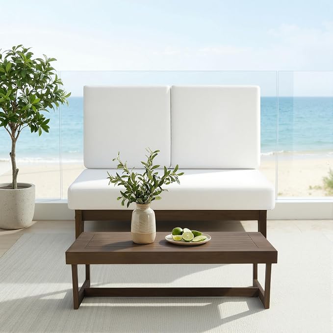 5 Pieces All Weather Wood Patio Furniture Sets, 2 Patio Loveseat, 2 Patio Bistro Chair, Outdoor Sectional Sofa Furniture Backyard Conversation Set with Coffee Table - Beige