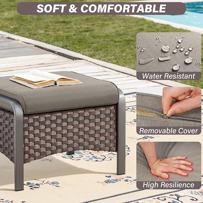 Belord 5 Piece Outdoor Wicker Furniture Set, High Back Deep Seating Patio Sofa Set with Metal Armrests Rattan Chairs, and Ottomans for Porch Deck Sunroom Backyard