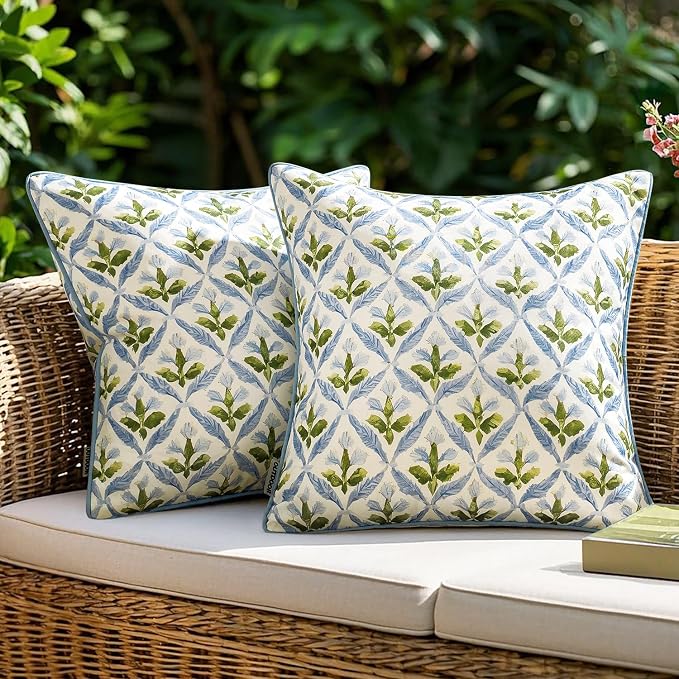 MIULEE Outdoor Floral Pillow Covers Waterproof 20x20 Blue-Green | Decorative Block Print,Boho Farmhouse, Set of 2 Coastal Summer Cushion Covers with Piping,Garden Patio Furniture Porch Couch