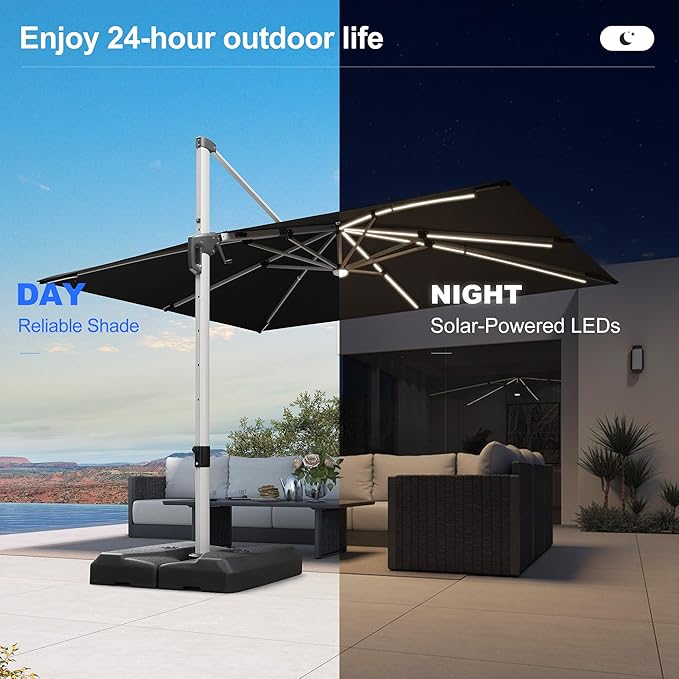 PURPLE LEAF Patio Umbrella with Base 9' X 12' Outdoor Rectangle Cantilever Umbrella Solar Powered LED with 360-degree Rotation for Garden Deck Pool Patio, Black