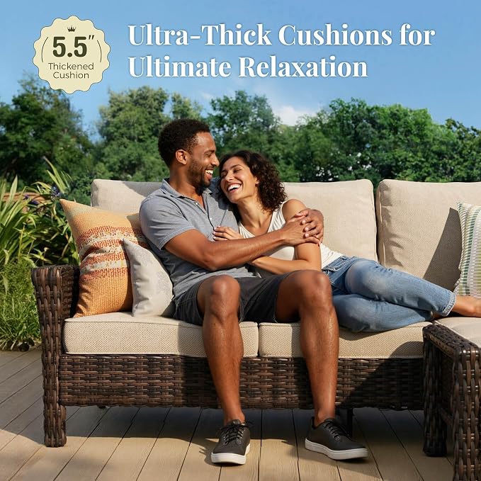 MIXPATIO 5-Piece Wicker Patio Furniture Set with Swivel Chairs, High Back Outdoor Furniture with 5.5-inch Thick Cushion and Ottoman, All-Weather Wicker Patio Conversation Set for Deck Yard Pool, Beige