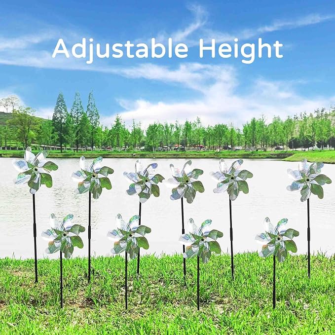 10 Pack Pre-Assembled Pinwheels for Yard and Garden, Silver | Wind Spinner Measures 19.7'' H x 6.8'' W, Reflective Surface Sparkles In Sunlight, Connect Stakes For Yard, Garden Or Lawn