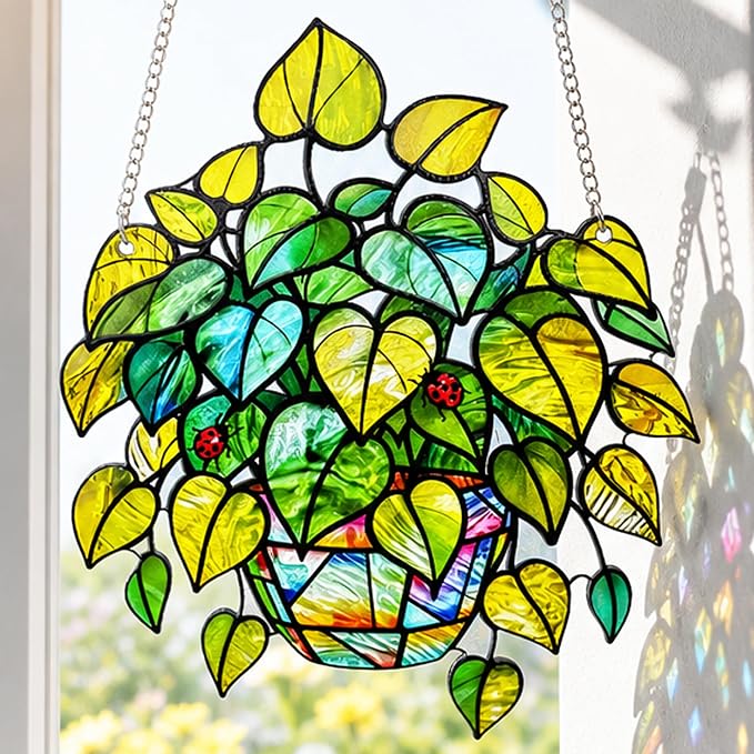 Plant Suncatcher Glass, Stained Glass Suncatcher Plant Window Hanging, Unique Nature Lover Gifts Leaf