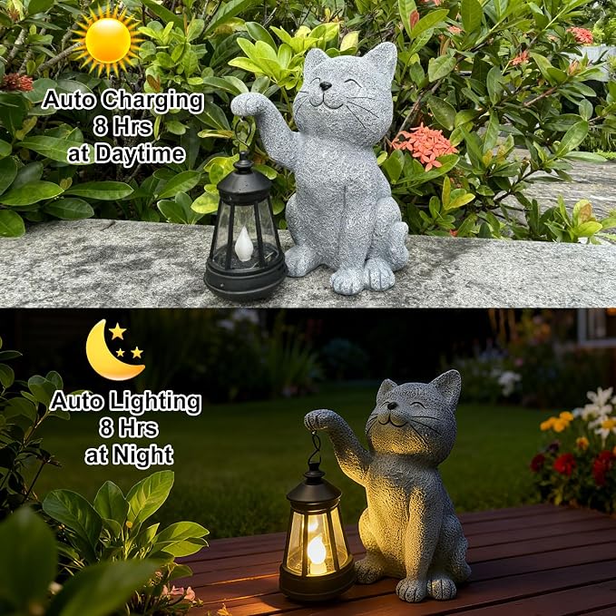 YODY Garden Statues Outdoor Garden Decor: Cat Statue with Solar Lantern for Yard Art Lawn Ornaments Porch Patio Balcony Home House - Birthday Gifts for Grandma Mom Women