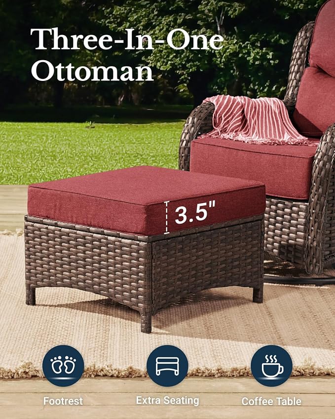 HILLGA Luxury Outdoor Patio Furniture Set with 6-Inch Thick Cushions,High Back Wicker Swivel Rocker Chairs, 7 Pcs All Weather Conversation Set for Large Deck, Yard and Poolside, Burgundy (V3)