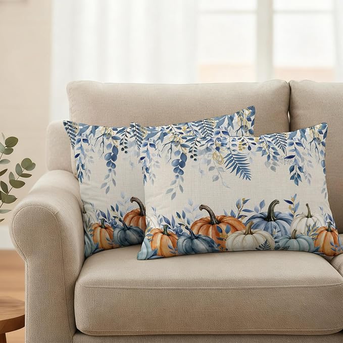 Orange Blue Fall Waterproof Outdoor Pillow Covers 20''x12'' Set of 2, Thanksgiving Eucalyptus Berry Leaves Patio Cushion Covers for Chairs, Decorative Pumpkin Beige Pillow Cases for Garden/Pool/Beach
