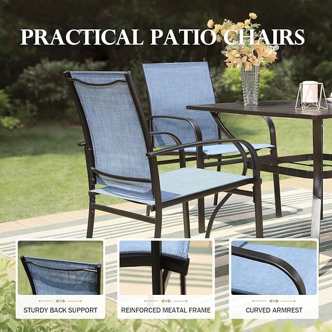 HERA'S HOUSE 7pc Outdoor Patio Dining Set, 6 Textilene Chairs, Blue | 67" rectangular metal table with umbrella hole. Waterproof, rust-resistant, all-weather for backyard, porch