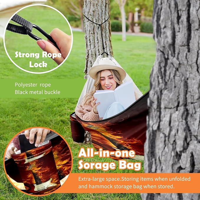 Outdoor Camping Hammock Electric Guitar in Flames Burning Fire Double & Single Hammocks with 2 Tree Straps Portable Heavy Duty Nylon Hammocks for Backpacking, Travel, Beach, Backyard, Patio, Hiking