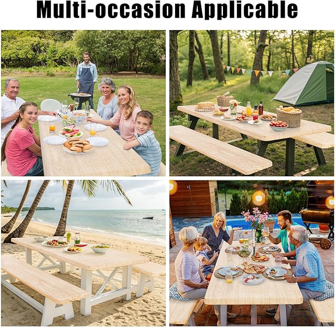 Smiry Picnic Table Cover with Bench Covers, Waterproof Elastic Fitted Tablecloth for 5 Foot Tables, Washable Polyester Tablecloths for Camping, Indoor & Outdoor (Ivory, 30x60 Inch 3-pc Set)