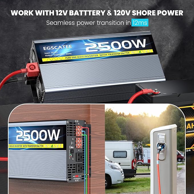 2500W Pure Sine Wave RV Inverter with Built-in ATS, 12V DC to 110V/120V AC Power Converter, 5000W Peak, Automatic Shore Power Bypass, Hardwire Ready for RV Electrical Systems, LCD Remote, USB & Type-C