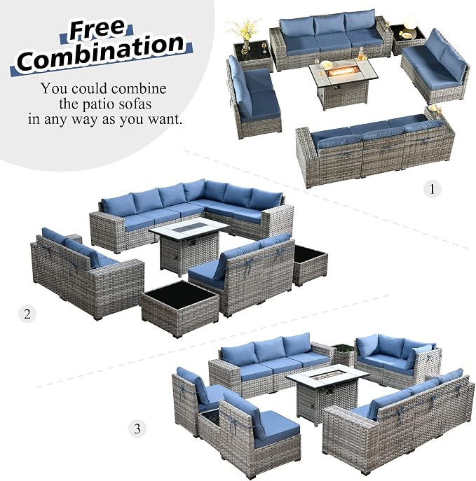 HOOOWOOO Outdoor Patio Sectional Furniture Sofa Set with Propane Fire Pit Table,13 Piece Large Modern Wicker Couch with Widened Armrest,Modular L Shaped Conversation Seating Set(Denim Blue)