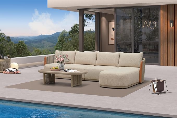 PURPLE LEAF Patio Conversation Sets, 4-Piece L-Shaped Patio Furniture Set with Chaise Lounge, Genuine Teak, Olefin Fabric & 9" Thick Backrest& Aluminum Rope Coffee Table - Outdoor Sectional Sofa