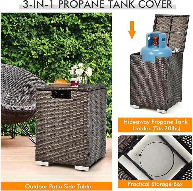 Tangkula 8 Piece Outdoor Wicker Sofa Set, Patio Rattan Conversation Set w/32” Propane Fire Pit Table & Tank Holder, 40,000 BTU Heat Output, Cozy Seat & Back Cushions, Fire Pit PVC Cover (Navy)