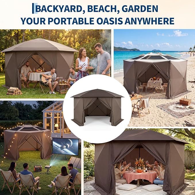 GarveeHome 13x13FT Pop Up Gazebo Screen Tent, 6-Sided Canopy with Detachable Eaves & Starry Sky Top, 210D Oxford Water-Proof Instant Shelter with Mosquito Netting for Backyard Camping, Khaki & Beige