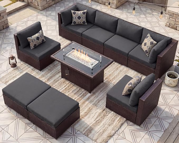 NICESOUL 8 Seat Extra Large Patio Furniture Set with Firepit Table Natural Gas/Propane, 29.3'' High-Back Luxury Outdoor Sectional Conversation Sets for 6 People, Brown Rattan and Dark Grey Cushion
