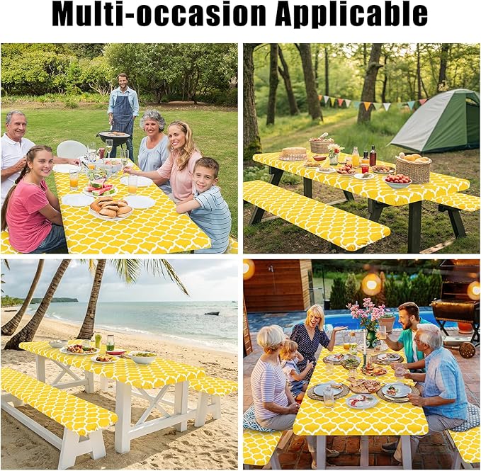 Smiry Picnic Table Cover with Bench Covers, Waterproof Elastic Fitted Tablecloth for 5 Foot Tables, Washable Polyester Tablecloths for Camping, Indoor & Outdoor (Yellow, 30x60 Inch 3-pc Set)