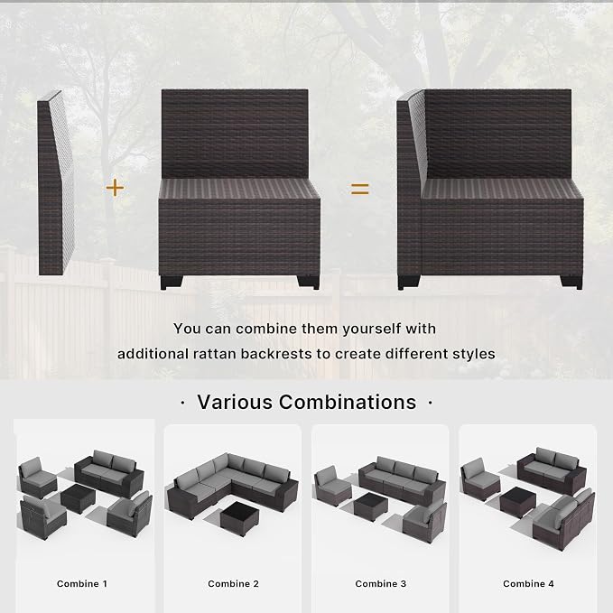Gotland 9 Pieces Patio Furniture Set with 2 Swivel Chairs, 7-Seater Patio Furniture in 4 Combinations with Wide Armrests 29.5'' High Backrest, Wicker Outdoor Sectional for Deck Garden Pool Gray