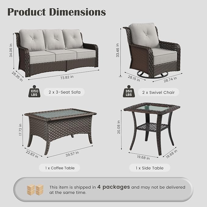 Sundale Outdoor 6 Piece Wicker Patio Furniture Set, High Back Outdoor Couch with Swivel Chairs & Coffee Table, 6" Thick Cushion Patio Conversation Sets with Deep Seating for Yard, Deck (Grey)